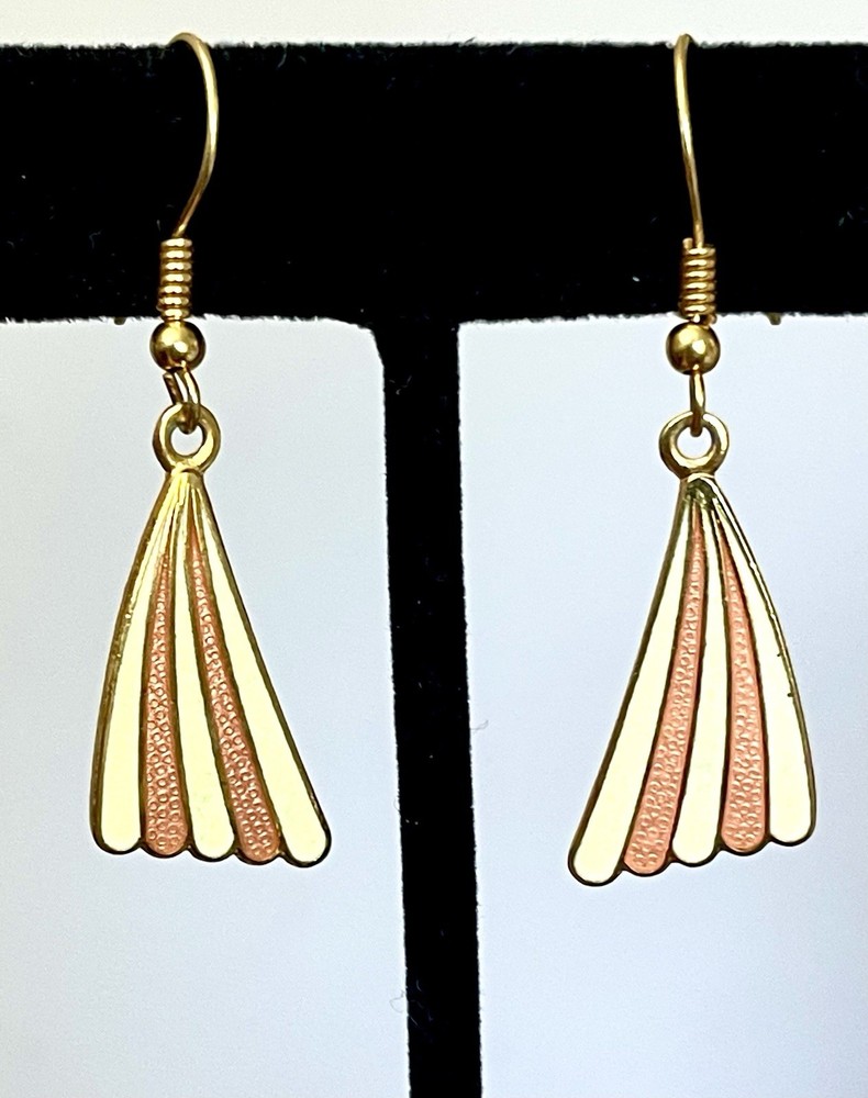 Vintage Art Deco Coral & Cream Fan Enamel Dangle Earrings Geometric Gold Tone