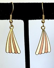 Vintage Art Deco Coral & Cream Fan Enamel Dangle Earrings Geometric Gold Tone