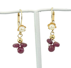 Vintage 14k Gold Earrings Japan Cultured Pearl Natural Ruby Dangles Lever Back