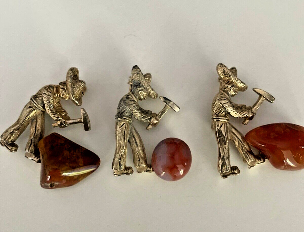 LOT of 3 Mexican Miners Quarry Agate Stone Workers Gold Tone Vintage DJ126
