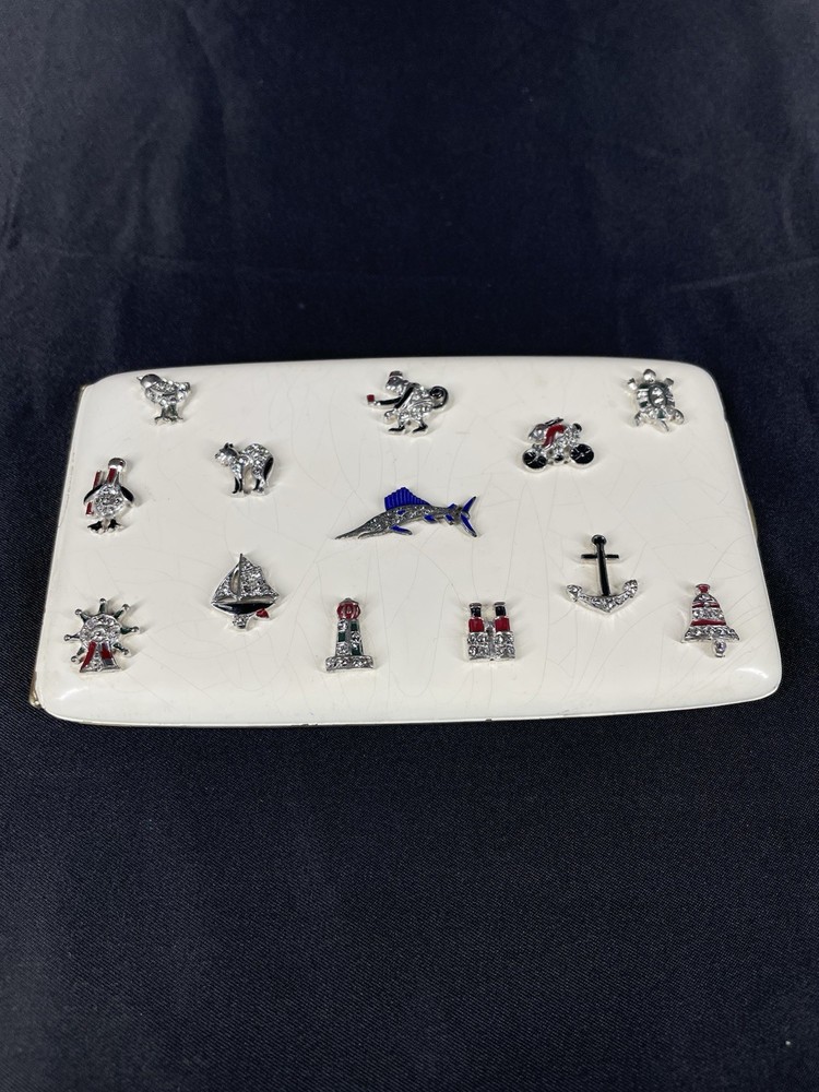 Art Deco Lg Compact Walter Lampl Trifari Applied Charms Swordfish Cat Turtle Etc