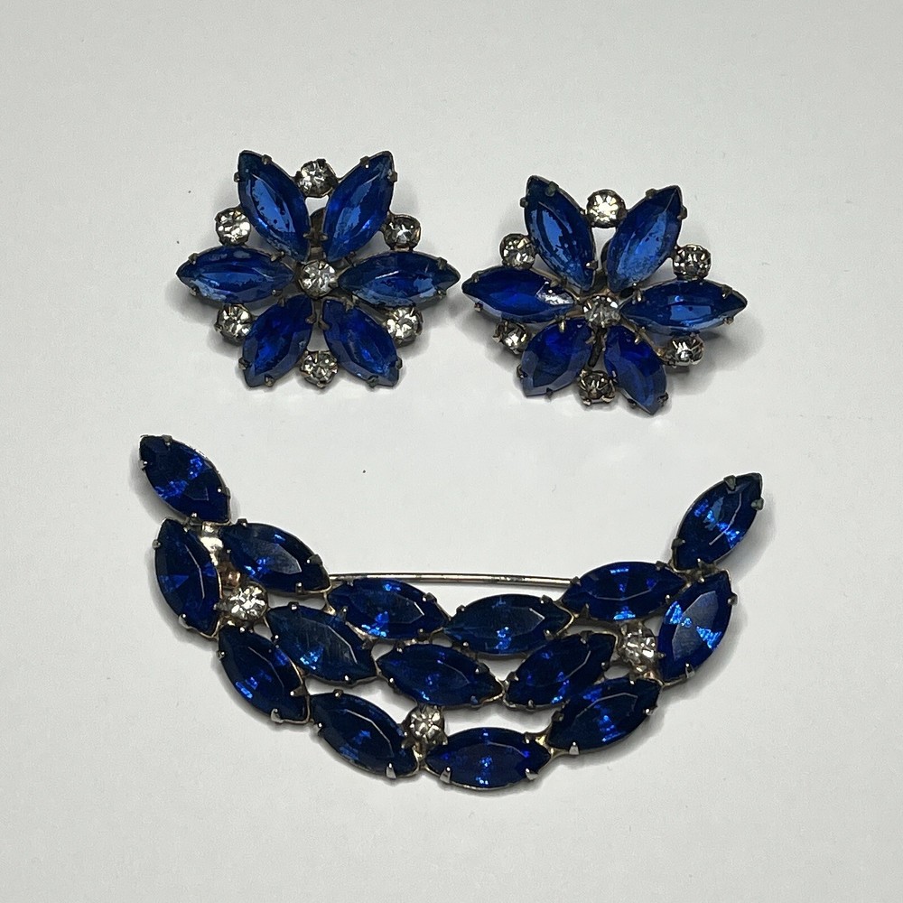 Vintage Unsigned Royal Blue Glass and Rhinestone Brooch and Earring Set