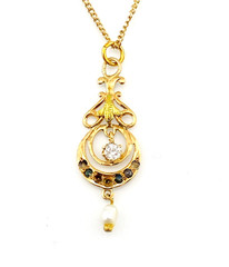 Antique Edwardian 9K Gold Pearl Lavalier Pendant Necklace 17 Inch