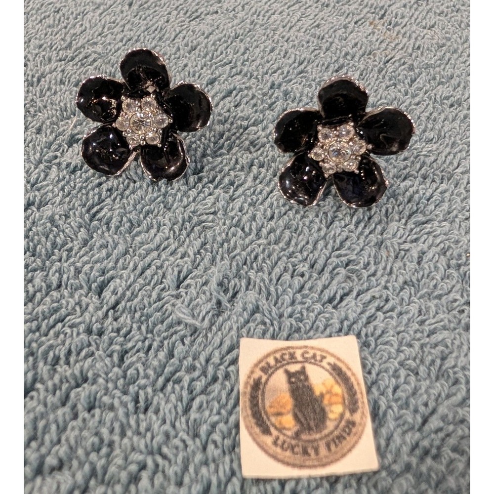 Erwin Pearl Vintage Black Enamel Rhinestone Flower Clip On Earrings Silver Tone
