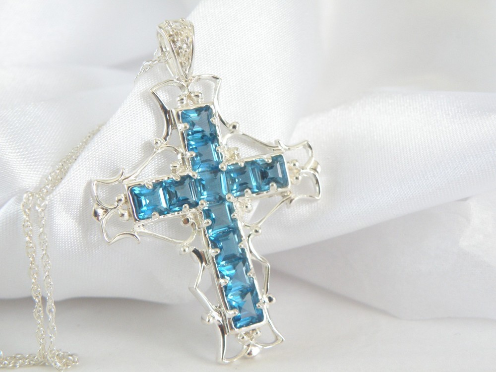 Large Sterling Silver 925 Heated London Blue Topaz Cross Pendant Necklace