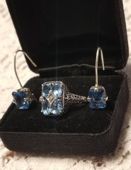 Art Deco Antique Blue Topaz Diamond Accent Ring & Earrings Set,Size 10, 925 &CNA