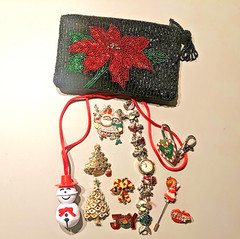 Christmas Holiday Jewelry Lot Brooches Pins Watch Charm Bracelet Pouch 11 Pc
