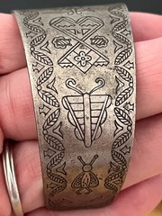Primitive Vintage Engraved Cuff Bracelet Silver Plated Mixed Metal w/ Copper