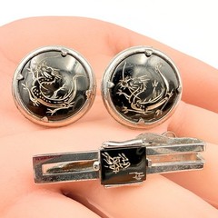 Vintage Swank Dragon Etched Silver Plate Black Enamel Cufflinks Tie Bar Set