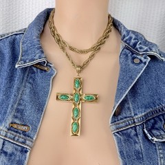 Vintage Whiting Davis Gold Tone Chunky Cross Faux Stones Long Pendant Necklace