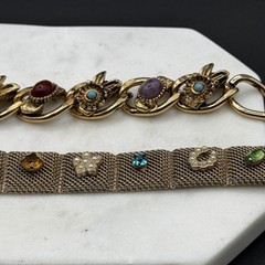 Lot of 2 Vintage Victorian Revival 8 Panel & Mesh Charm Bracelet Estate Jewelry