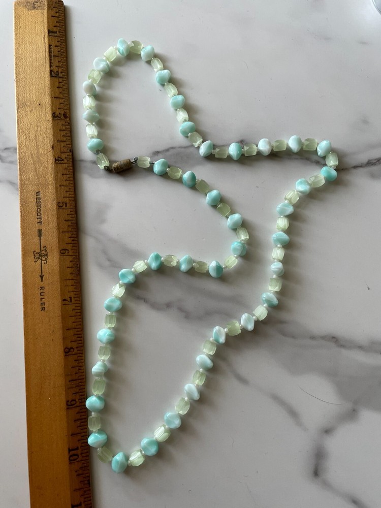 Vintage Pastel Blue Beaded Necklace – 26″ Acrylic Beads – Barrel Clasp