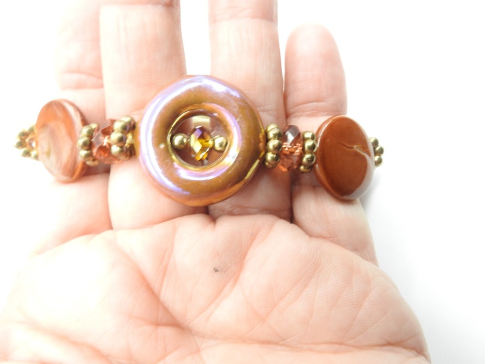 Brown AB Glass Shell Acrylic Beaded Stretch Bracelet Vintage