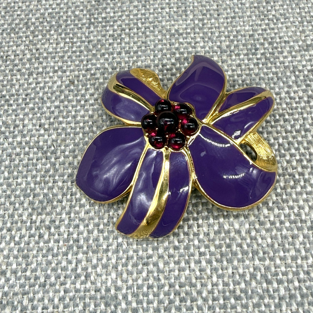 Vintage Monet Flower Brooch Purple Enamel Gold Tone 2 Inches Signed