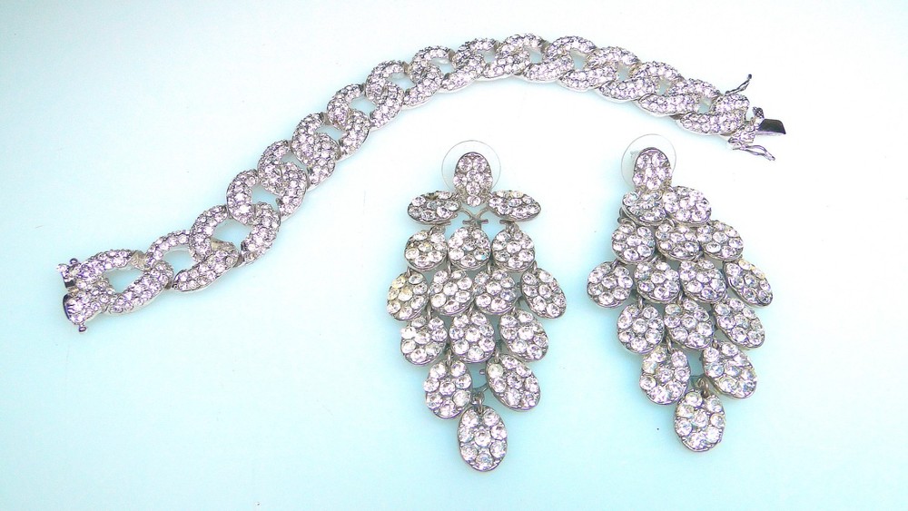 Glamorous 925 Rhinestone Bracelet & Long Chandelier Dangle Earrings Lot