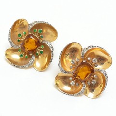 Pair of MAZER Deco Floral Pin Clips ( 2 ) Fur Clip Topaz Rhinestone Center