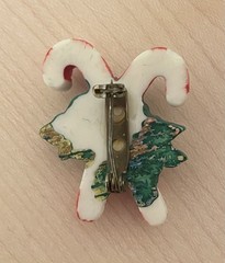 Vintage Candy Cane Mistletoe Christmas Party Brooch Pin