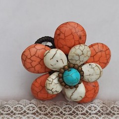 Bohemian Chunky Ring 3d Flower White Turquoise & Orange Gemstone Natural New