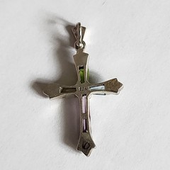 Sterling Silver 925 Cross Pendant With Baguette Cut Multicolored Gemstones