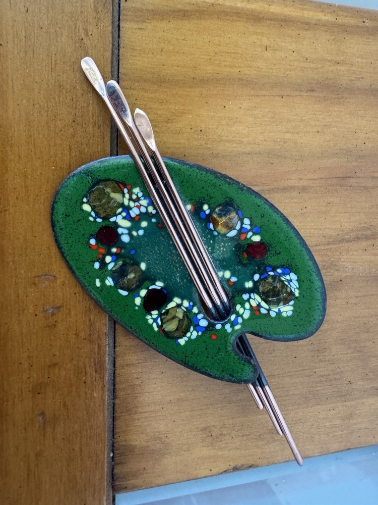 Vtg. 1950’s Matisse Renoir Artist’s Palette Enamel Copper Brooch Pin 4.25″