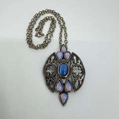 Vintage Miracle Celtic Pendant Necklace Blue Cabochon Faux Opal Silver Tone 17in