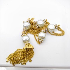 Vintage Multi Strand Tassel Necklace, Gold Tone Chains Double Strand with Baroqu