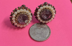 VTG Earrings Simulated Amethyst Brilliant Cut Faux Pearl Screw Back Renaissance
