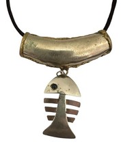 Vintage Fish Skeleton Pendant Slide Necklace Mixed Metal Mid Century On Silk