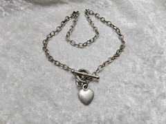 Silver Tone Chain Necklace Heart Toggle Clasp 16in