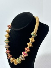 Boho Chic Fashion Wood Rainbow Disc 18” Necklace Vintage Estate Chunky Funky WOW