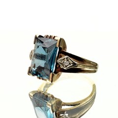 Antique Art Deco Marked 10K Emerald Cut Blue Topaz Diamond Ring Sz 4