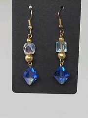 Blue & Clear AB Crystal Dangle Drop Earrings Gold Tone Accents Vintage 2 Inches