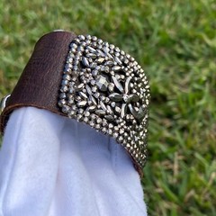 Antique Cut Steel Artisan Redesigned Shoe Buckle Clip On Thick Leather Bracelet