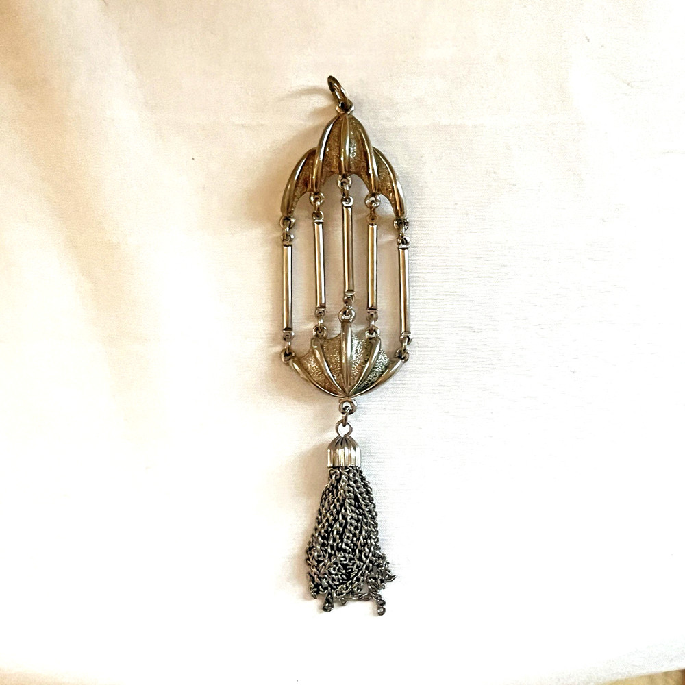 Vintage Silver Tone Articulated Cage Tassel Pendant 4.75″ Statement