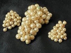 Vintage Faux Pearl Cha Cha Brooch Earring Set French Trombone Clasp Clip On READ