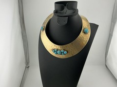 Vtg 1976 Torque Necklace One Owner Hammered BrassT Blue Clusters Approx 15”