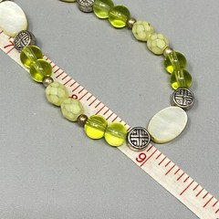 Dainty Glass Station Necklace Lime Green Druk Bead MOP Frosted Acrylic Faceted