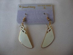 VINTAGE SAMUEL HUANG DESIGNER CLOISONNE RETRO MOD CREAM DANGLE HOOK EARRINGS