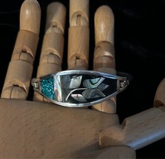 Vintage Hippie 70s Alpaca Mexico Silver Hinged Bracelet Abalone Turquoise Enamel