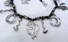 28″ LONG SOUTHWESTERN STERLING SILVER TURTLE BIRD RABBIT ONYX BEAD NECKLACE