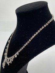 Antique Victorian Revival Silver Tone Faceted Rhinestone Bow Statement Necklace