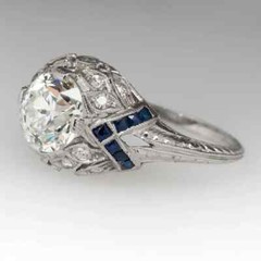 Art Deco Vintage 14K White Gold FN Lab Created Diamond Sapphire Engagement Ring