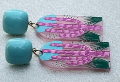Modern Art Deco Style Pink Cactus Dangle Earrings Blue Stud Acrylic Statement
