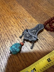 VTG Chinese Carnelian? Coral? Beaded Double Necklace Silver Pendant Turquoise
