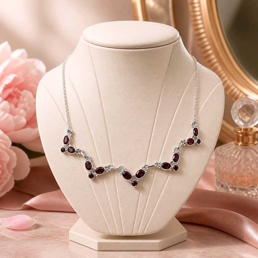 Garnet Necklace Sterling Silver Choker Red Gemstone Cluster V Shape Statement