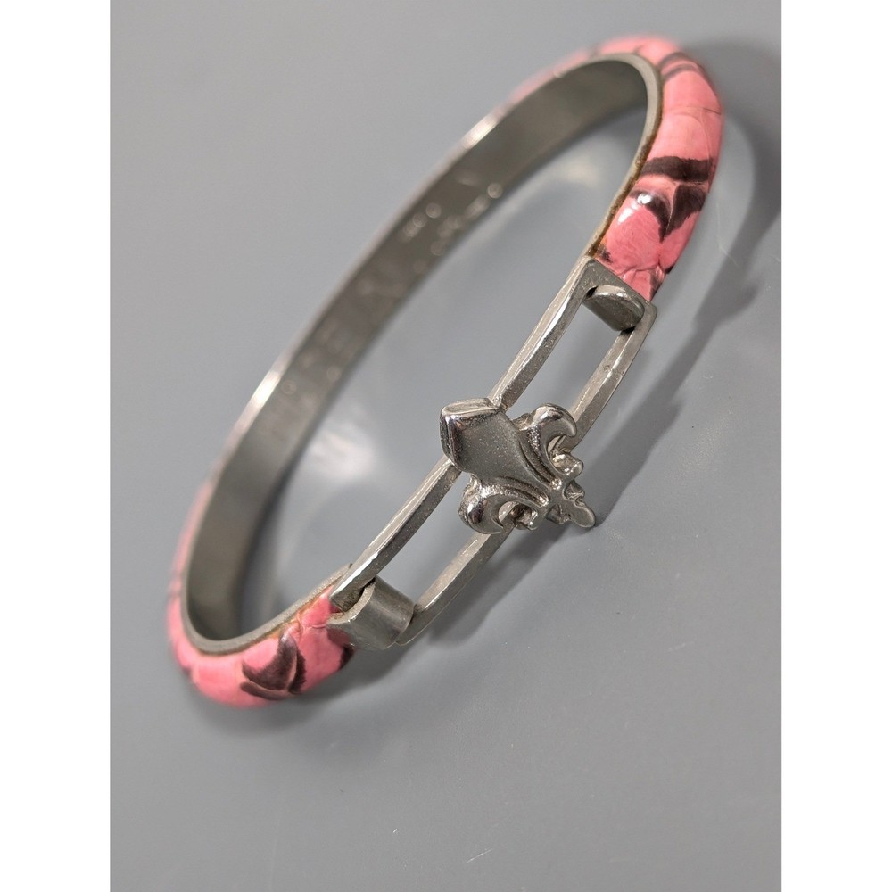 Vintage Made in Italy Pink Leather Bracelet Fleur De Lis Clasp Silver Tone 6.25″