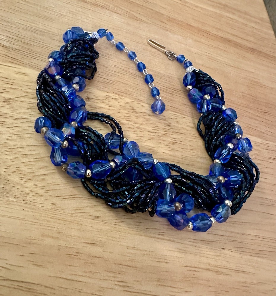 Vintage Deep Cobalt Blue Beaded Choker Necklace.