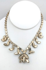 Vintage Givre Glass Necklace Rhinestone Blue Green Opalescent Prong Set