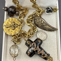 Vintage Brassy Bronzy Necklace & Charms of Mixed Metals: Cross, Angel Wing, OOAK