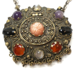 VINTAGE SAJAI NECKLACE PURSE MULTI GEMSTONES CABOCHONS HINGED COMPARTMENT 26in